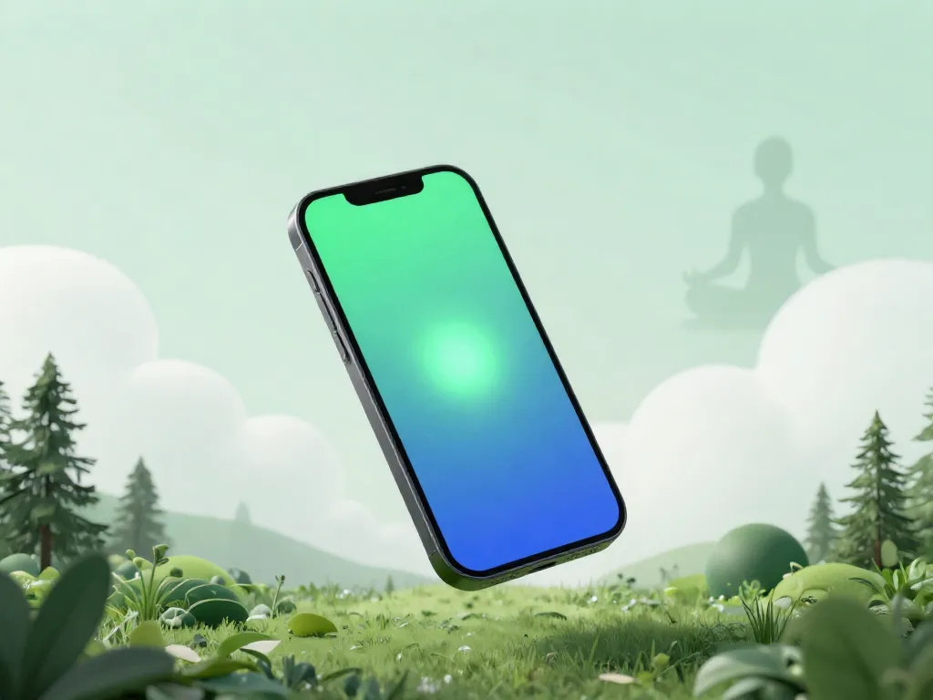 A minimalist digital artwork showing a smartphone floating in mid-air, with soft glowing green and blue lights emanating from it, surrounded by a calm forest atmosphere and peaceful clouds, symbolizing technology used for mindfulness. In the background, a subtle silhouette of a person meditating. Clean, modern, serene aesthetic, high resolution.
