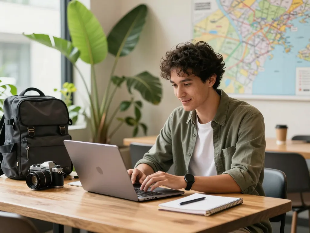 A digital nomad working on a laptop in a sunlit co-working space with tropical plants, a map in the background, and travel accessories (camera, backpack, notebook). Warm colors, modern style, detailed interior.