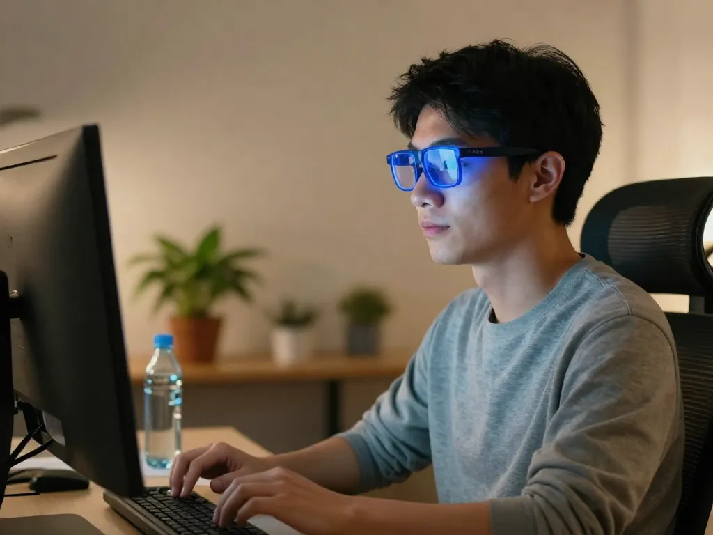 A close-up shot of a person working at a computer in a modern office, with warm soft lighting and a blue light filter visible on the screen. The person is wearing stylish blue light blocking glasses and looking comfortable. The background shows a calm workspace with plants, a water bottle, and an ergonomic chair. Photorealistic style, high resolution, 16:9 aspect ratio.