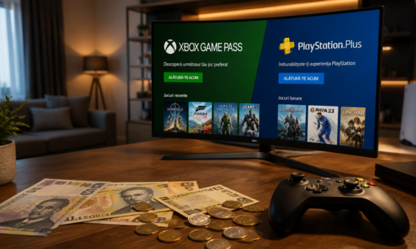 A modern Romanian living room gaming setup with a large curved monitor displaying Xbox Game Pass and PlayStation Plus subscription interfaces, Romanian lei banknotes and coins scattered artfully on a wooden desk next to a sleek wireless controller, soft warm ambient lighting, contemporary minimalist interior, photorealistic style, shallow depth of field, high detail, 4K resolution, cinematic composition
