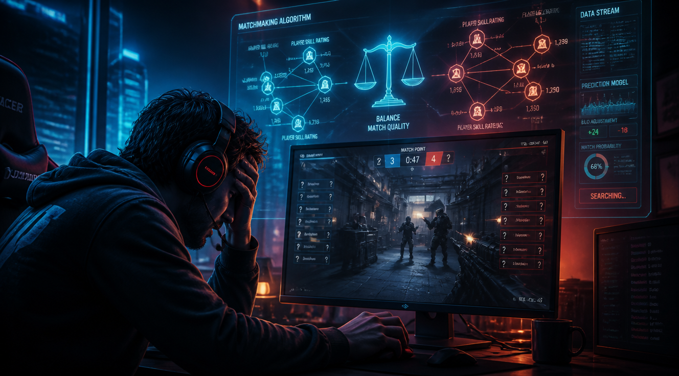 A dramatic digital illustration of a frustrated gamer sitting in front of a glowing monitor showing a competitive multiplayer match, with a translucent holographic matchmaking algorithm overlay above the screen featuring interconnected player skill rating nodes, balance scales, and data streams. The gamer wears a headset and grips the mouse intensely, while the screen displays a tense FPS match scene with player silhouettes. Dark moody atmosphere with neon blue and orange lighting, cyberpunk gaming aesthetic, ultra-detailed, 4K quality, cinematic composition.