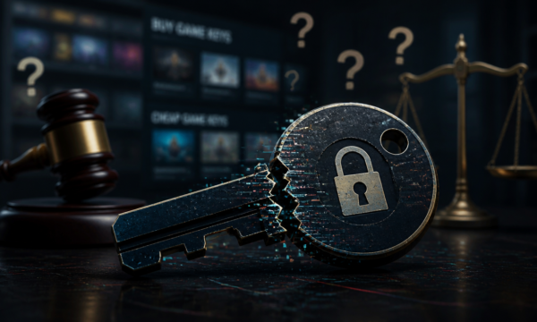 A digital illustration depicting a broken or corrupted video game key, perhaps with a padlock icon on it, surrounded by question marks and legal symbols (like a gavel or scales of justice) in the background. The color palette should be dark and mysterious, suggesting risk and uncertainty. A blurred background of a gamer's setup or a marketplace could add context. Focus on a central, symbolic image rather than a busy scene. High quality, realistic digital art style.
