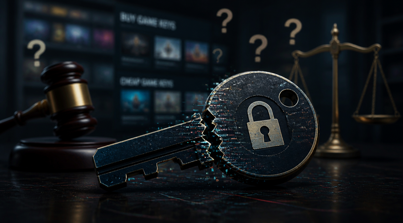 A digital illustration depicting a broken or corrupted video game key, perhaps with a padlock icon on it, surrounded by question marks and legal symbols (like a gavel or scales of justice) in the background. The color palette should be dark and mysterious, suggesting risk and uncertainty. A blurred background of a gamer's setup or a marketplace could add context. Focus on a central, symbolic image rather than a busy scene. High quality, realistic digital art style.