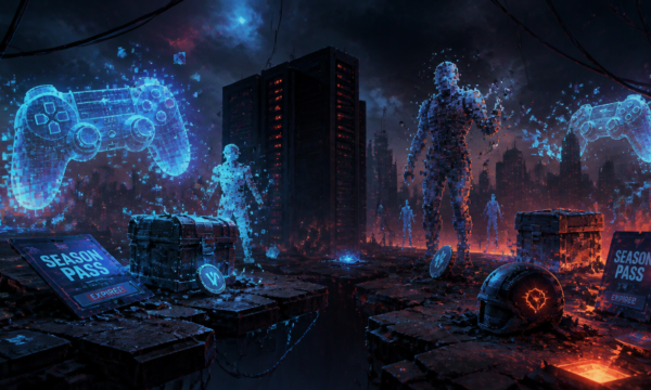 A dramatic cinematic digital illustration of a virtual game world collapsing and fading away, featuring floating holographic game controllers, scattered season passes, abandoned loot boxes, and translucent pixelated characters dissolving into thin air. In the background, dark abandoned server towers with blinking red lights stand against a moody neon-lit skyline in electric blue and burnt orange tones. Digital glitch effects, broken power lines, and a cracked ground revealing empty void beneath symbolize the death of live service games. High quality, ultra-detailed, professional concept art style, 16:9 aspect ratio, atmospheric lighting.
