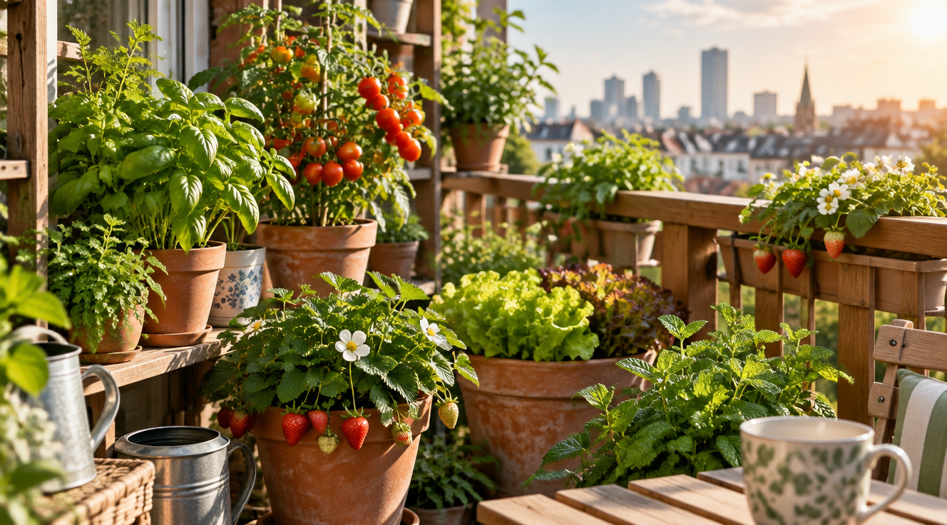 A bright, sunlit small urban balcony (3-6 square meters) transformed into a lush edible garden. Multiple terracotta and ceramic pots of various sizes arranged vertically and horizontally, containing cherry tomatoes with ripe red fruits, basil plants with vibrant green leaves, strawberry plants with white flowers and red berries, lettuce heads, and mint. Warm morning sunlight streaming in, wooden balcony railing, city skyline softly blurred in the background. Photorealistic, high detail, soft natural lighting, lifestyle photography style, shallow depth of field, 4K quality.
