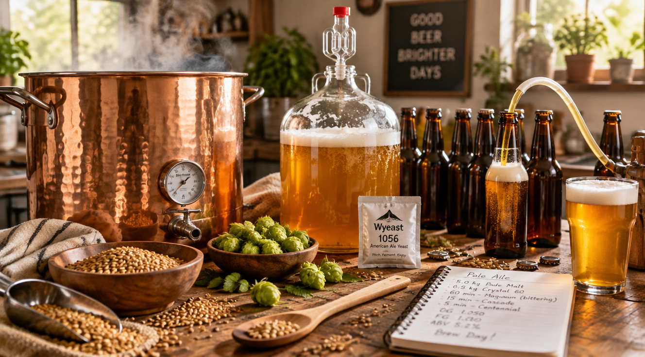 A warm, inviting homebrewing scene on a rustic wooden kitchen counter: a polished copper brewing kettle steaming gently, a clear glass carboy fermentation vessel with an active bubbling airlock, amber glass bottles being filled with golden beer, scattered pale malt grains, fresh green hop cones, an open yeast packet, a wooden spoon, and a handwritten recipe notebook. Soft natural window lighting from the side, shallow depth of field with bokeh background, photorealistic lifestyle photography aesthetic, warm golden and amber color palette, cozy atmosphere, high resolution 4K quality, editorial magazine style