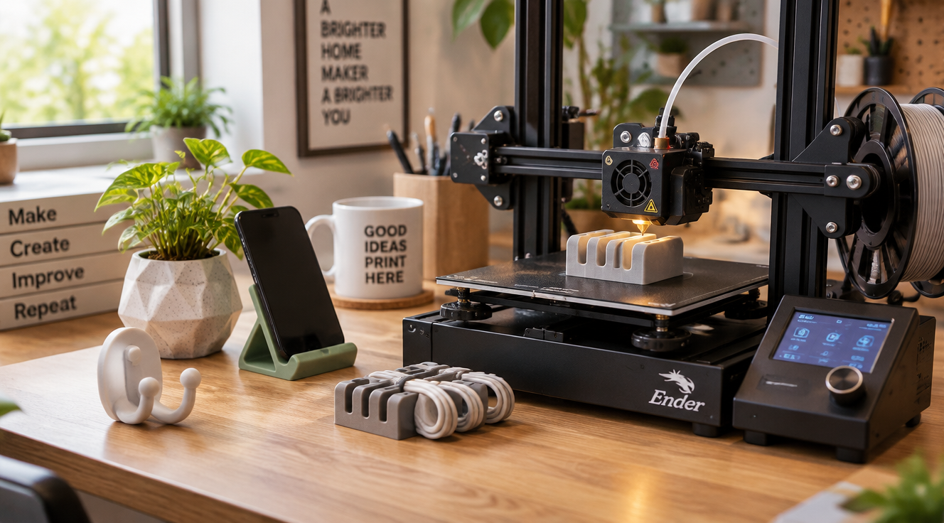 A bright, modern home workspace featuring a compact desktop 3D printer in action, printing a small practical object like a cable organizer or desk holder. Soft natural light streams through a window, illuminating the printer's glowing nozzle and the freshly extruded PLA filament. The desk is tidy with a few finished 3D-printed items nearby: a wall hook, a small planter, and a phone stand. Warm, inviting atmosphere, shallow depth of field, photorealistic style, soft bokeh background, high detail, 4K quality.